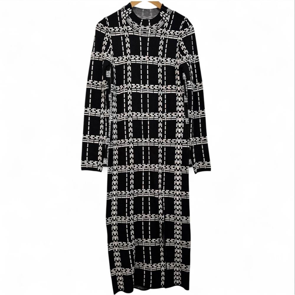 Jolie&Joy Black & White Grid Pattern Long Sleeve Sweater Dress Sz XL New w/o Tag